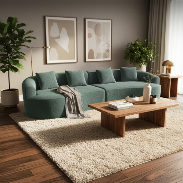 skølm 'Loki' Sofa 4 Sitzer, Vollschaumcouch mit Federkern und Vakuum-Kompression, kein Aufbau erforderlich, mit 4 Kissen, Teddy-Bouclé Stoff dunkelgrün