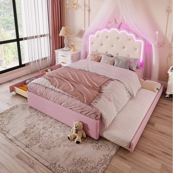 STILVORA Polsterbett mit matratze,Prinzessinnen Polsterbett 140x200 mit ausziehbett (Polsterbett 140x200 cm mit Lattenrost, Prinzessinnenform, LED-Umgebungsbeleuchtung mit Fernbedienung, Ausziehbett und 2 Schubladen, Rosa – für Kinderzimmer & Jugendzim...
