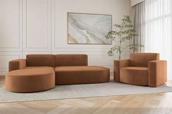 Sofa Set 2-teilig Sessel und Ecksofa PALMA XS Stoff Noel Ziegelrot Ottomane Links