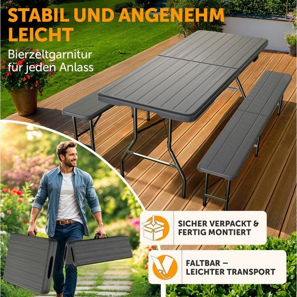 Blumtal Bierzeltgarnitur 3er Set - 2X Bierbank + 1x Biertisch - tragstarke Biertischgarnitur klappbar für 8 Personen - Bierbankgarnitur mit Tragegriff - Biergartengarnitur in Holz-Optik Anthrazit