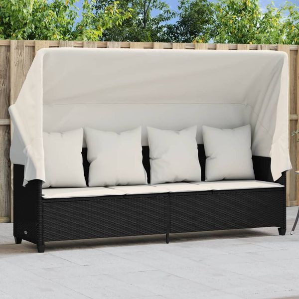 Sonnenliege, Gartenliege mit Dach und Kissen Schwarz Poly Rattan