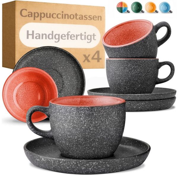 Cosumy Cappuccinotasse Cappuccino Tassen mit Untertassen 4er Set rot, 8-tlg, Keramik, Warm