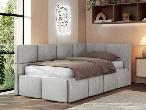 Jugendbett 90x200 ARVO Polsterbett mit Bettkasten, Stauraum & Gasdruckfeder, Modernes Design mit Kopfteil, Foam Matratze - Hellgrau Velvet - MIRO LUX - Rechts Seite