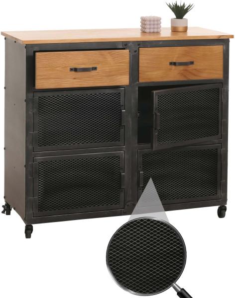 Kommode HWC-N28, Schrank, Rollen 2 Schubladen, 3D-Struktur Industrial Retro Metall Holz 90x100x40cm ~ schwarz, natur