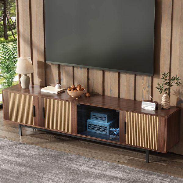 TV-Schrank 200 cm Walnuss Schwarz LED 16 Farben App-gesteuert Modernes Design Metall Glas Lowboard Fernsehschrank
