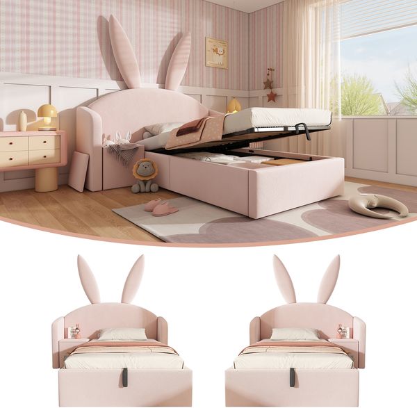 Novelux Kinderbett 90x200 cm mit Hasenohren, Stauraum & Nachttisch – Samtbett Rosa, Mädchenbett 90x200 inkl, Lattenrost, 150kg Tragkraft (Ohne Matratze)