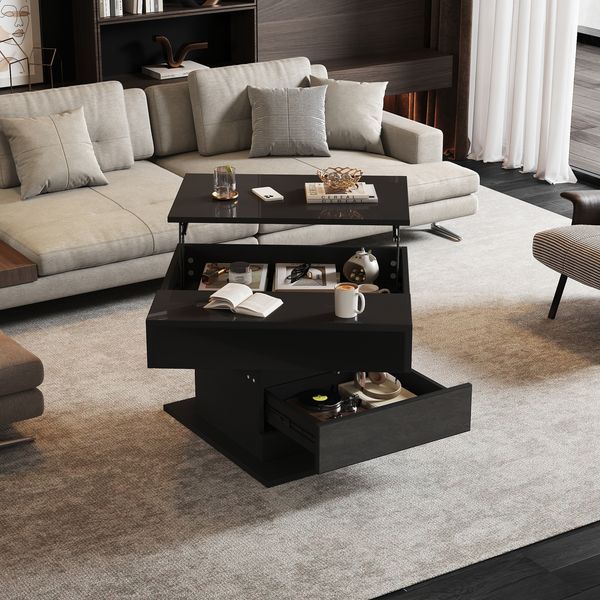 Merax Couchtisch, Obere Tischplatte 360° frei drehbar, anhebbarer Sofatisch mit 1 Schublade, hochglänzende Wohnzimmertisch mit verstecktem Stauraum, Beistelltisch, Schwarz