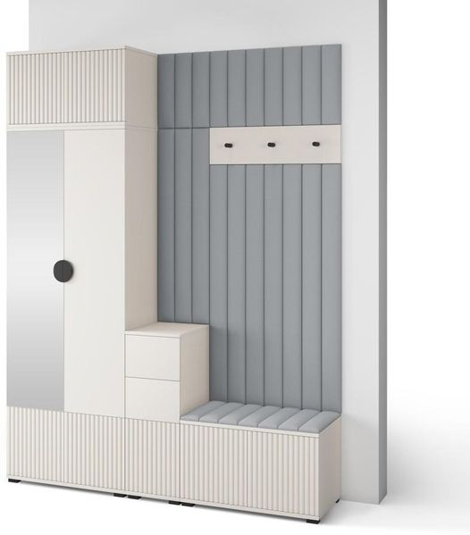 Garderoben-Set Ritmo version 8 – gefräste Kleiderschrank mit Polsterplatten, Schuhschrank, für Flur und Eingangsbereich (cashmere, Trinity 14), 225 x 40 x 170 cm