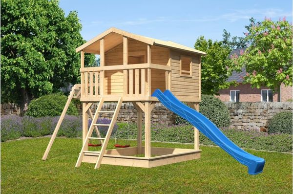 Karibu Stelzenhaus Benjamin naturbelassen mit Doppelschaukel Mit blauer Rutsche