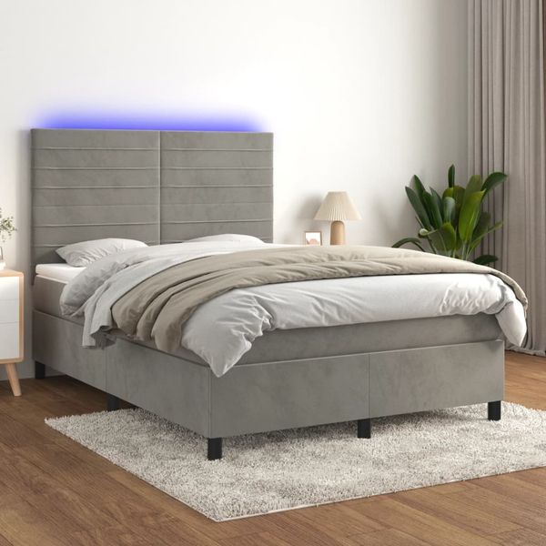 vidaXL Boxspringbett mit Matratze & LED Hellgrau 140x200 cm Samt 3136185
