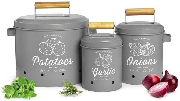 3 Vorratsbehälter Kartoffeltopf Knoblauchtopf Zwiebeltopf Vorratsdosen grau matt