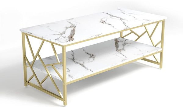 Wohnzimmertisch Weiß Marmor Couchtisch mit Stauraum Gold Tisch