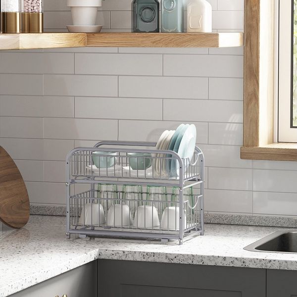 SONGMICS Küchenschrank Organizer, Küchenregal, Ordnungssystem, 2 Ebenen, stapelbar, erweiterbar, mit Metallkörben, für Küche, metallisches Silber SCK017E01