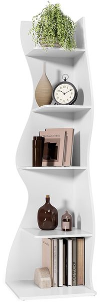 LITTLE TREE Bücherregal Ecke, Modernes Regal Schmal mit 6 Ebenen, 50 x 48 x 179 cm Bücherregal Holz, Standregal mit Wellen-Design für Kleine Räume, Wohnzimmer & Schlafzimmer, Weiß, 1er Pack