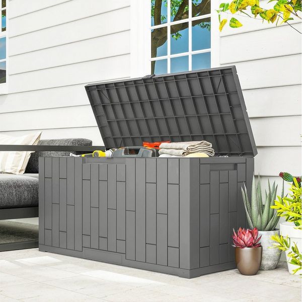 Outsunny Gartenbox UV-beständig Aufbewahrungsbox aus Kunststoff (Auflagenbox mit Holzoptik, 1 St, Wasserdicht Abschließbar Kissenbox), für Garten Balkon Terrasse 106,5 x 43 x 54,5 cm Grau