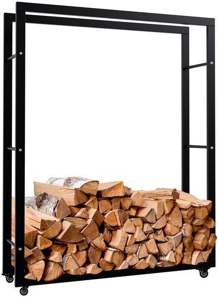 CLP Kaminholzständer Keri mit Rollen aus schwarzem Metall,schwarz 25x100x125 cm