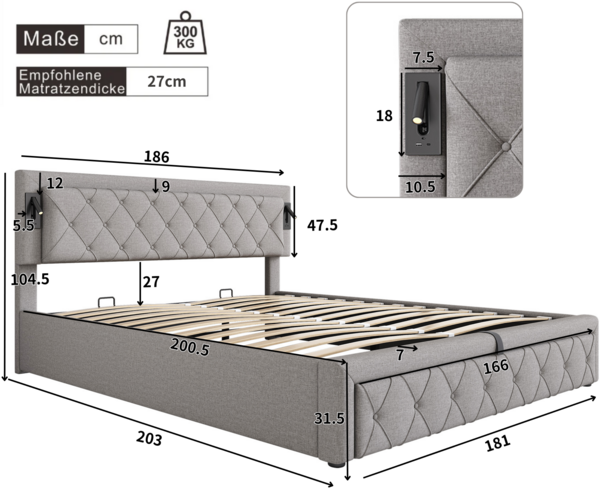 Merax Polsterbett Hydraulisches Doppelbett 180x200cm mit Downlight & USB-Schnittstelle, Leinen, Grau Bild 4