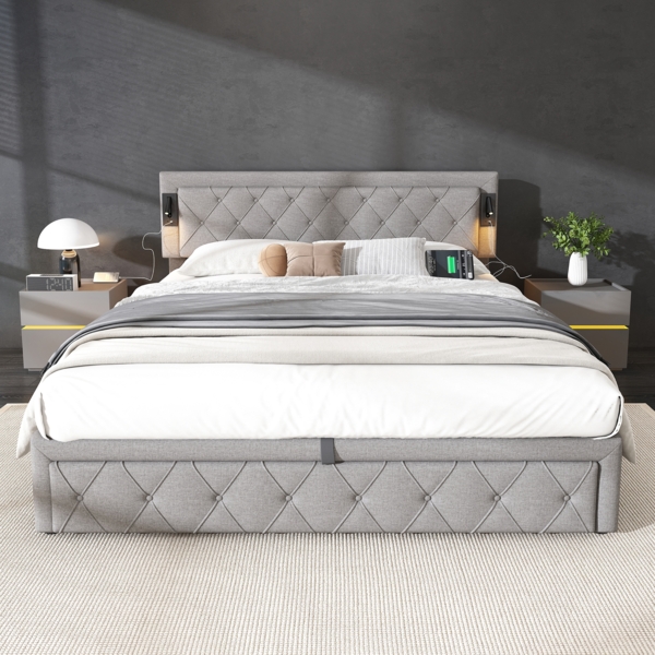 Merax Polsterbett Hydraulisches Doppelbett 180x200cm mit Downlight & USB-Schnittstelle, Leinen, Grau Bild 2