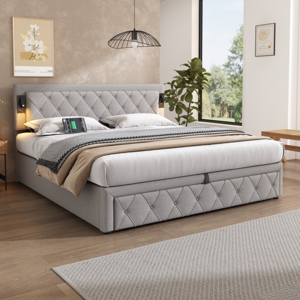 Merax Polsterbett Hydraulisches Doppelbett 180x200cm mit Downlight & USB-Schnittstelle, Leinen, Grau Bild 7