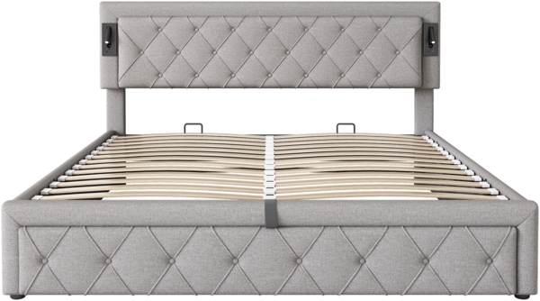 Merax Polsterbett Hydraulisches Doppelbett 180x200cm mit Downlight & USB-Schnittstelle, Leinen, Grau Bild 9