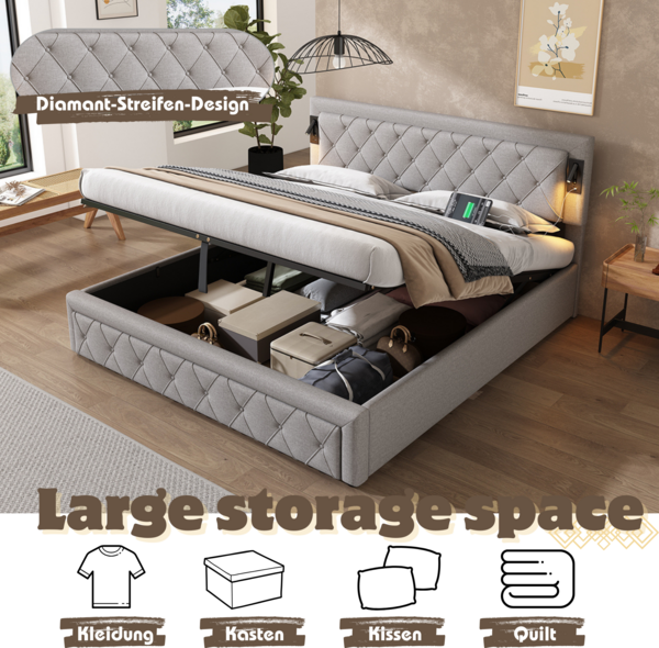 Merax Polsterbett Hydraulisches Doppelbett 180x200cm mit Downlight & USB-Schnittstelle, Leinen, Grau Bild 5