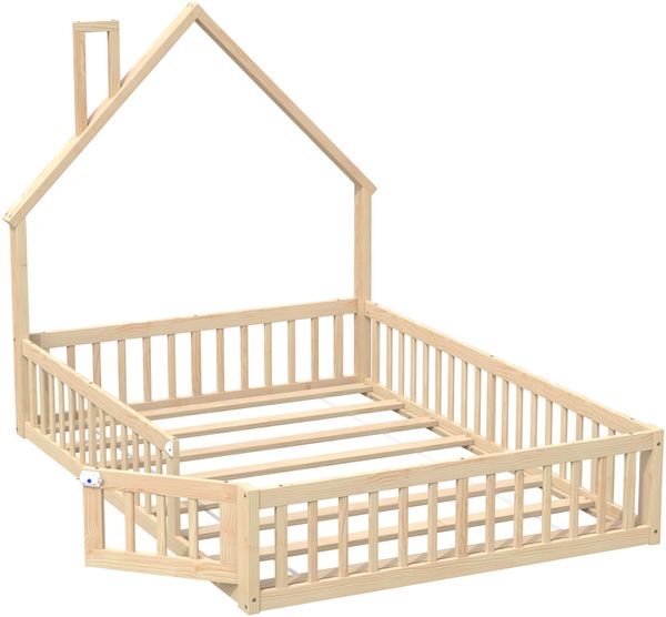 Hausbett 140×190 cm mit Sicherheitsgitter und Schornstein-Design Natur ohne Matratze Bild 6