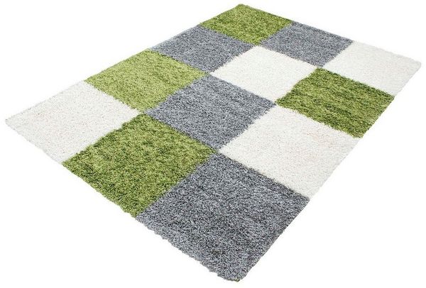 TeppichHome24 Teppich Shaggy Teppich in Karo Design Grün Grau Creme, rechteckig