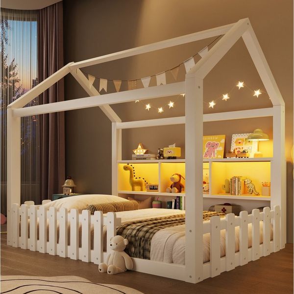Merax Kinderbett mit LED-Lichtleiste (Kiefer Bodenbett Jugendbett, 1-tlg), Flachbett Hausbett 140x190 cm mit LED-Lichtleiste & offenen Staufächern