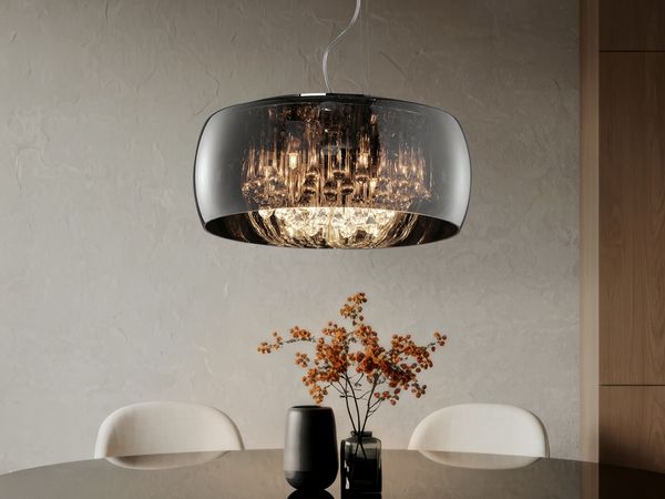 LED Pendelleuchte mit Glas Chrom in Rauchglas Optik & Kristallbehang Ø 50cm