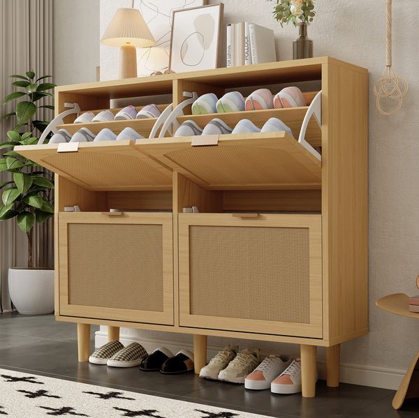 Schuhschrank 100 x 25 x 90 cm mit 4 Klappfächern – schmale Schuhkommode in Eichenoptik mit Rattanfront