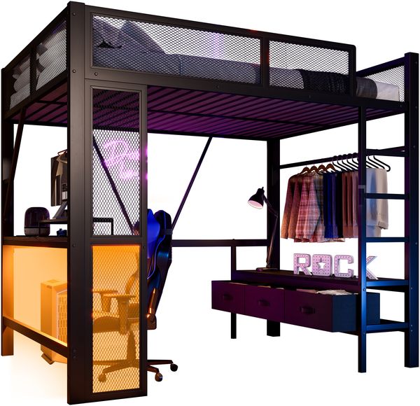 140 x 200 cm Metall-Spielhochbett mit USB, LED, Schreibtisch, offenem Kleiderschrank und 3 Wäscheschubladen, schwarz