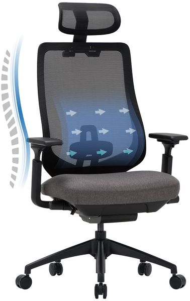 COLAMY XK01 Atlas Ergonomischer Bürostuhl, Netz-Chefsessel mit verstellbarem Kopfstütze, Computer Schreibtischstuhl Drehstuhl mit 4D-Armlehnen, Nylonbasis/Schiebesitz/Neigungssperre, Dunkelgrau