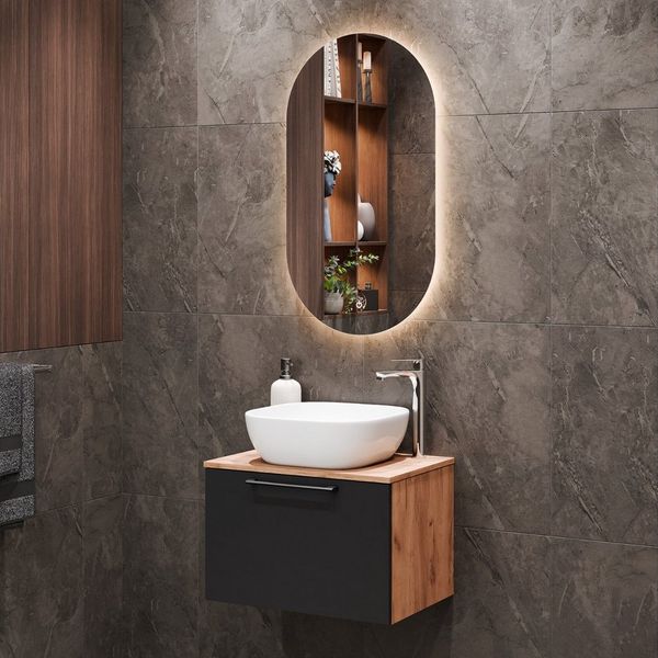 Planetmöbel Badmöbel-Set ASTRA Waschtischunterschrank 60 cm mit LED Spiegel, (Waschbeckenunterschrank, 2-St, Spiegel), Badezimmer Möbel im modernen Design