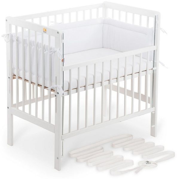 FabiMax Beistellbett Beistellbett Flex 90x55, TÜV geprüft, aus Buchenholz weiß lackiert, stufenlos höhenverstellbar, passend für Boxspringbetten, 2 in 1