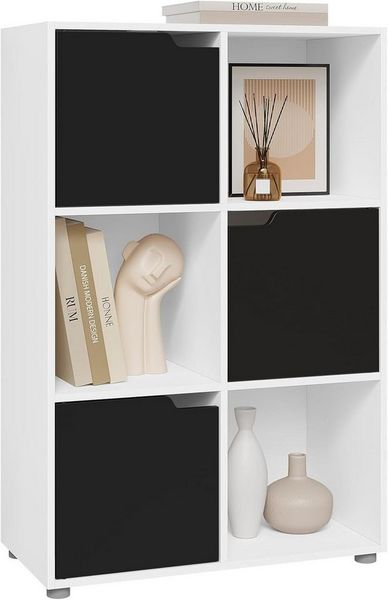 Woltu Bücherregal, 1-tlg, Standregal mit 3 Türen, MDF, 6 Fächer, Anti-Kipp-Vorrichtung