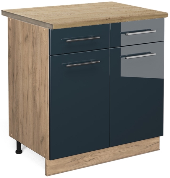 Küchenunterschrank Fame-Line Dunkelblau Hochglanz 80 cm , AP Eiche Vicco