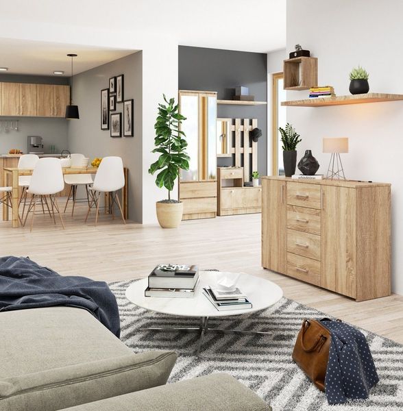 Raumhirsch Furniture Kommode mit 4 Schubladen, zwei Schranktüren, 110 cm breit Holz Schrank, Highboard / Kommode 110 cm, Sideboard Organizer für jeden Raum