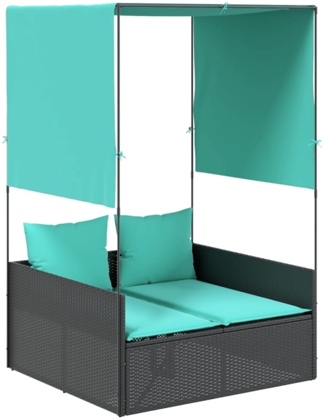 vidaXL Doppelte Sonnenliege mit Dach und Vorhängen, schwarzes Polyrattan 4002763