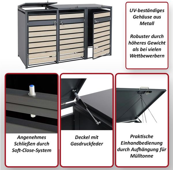 XL 3er/6er-Mülltonnenverkleidung HWC-J81, Mülltonnenbox, Metall 95kg anthrazit ~ Kirsche-Holzoptik dunkelbraun Bild 2