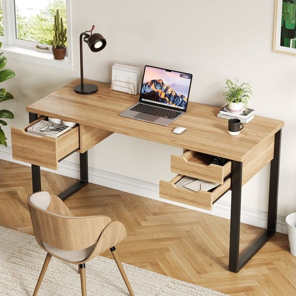 OKWISH Schreibtisch für Büro und Homeoffice (robuste Schubladenschienen, drei Schubladen zur Aufbewahrung, Holzfarbe + Schwarz, 1-St, 130*55*76cm)
