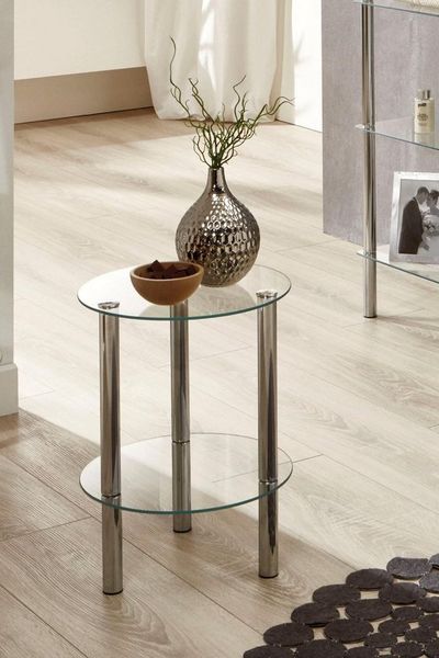 Beistelltisch mit Ablage, Glas/ Stahlrohr verchromt