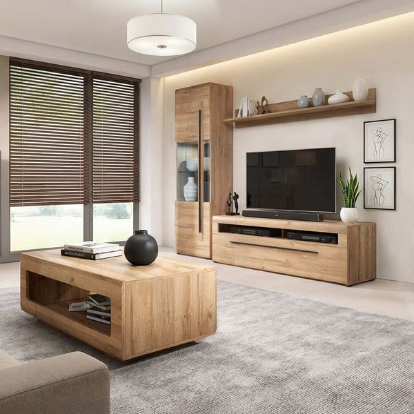 Lomadox Wohnzimmer-Set TURDA-83, (Mega-Spar-Set, 4-St, Couchtisch Highboard Lowboard Sideboard Vitrine Wandregal), Eiche braun Metallgriffe inkl. LED Beleuchtung modern nachhaltig