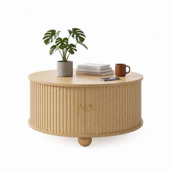 Merax Couchtisch Runder Satztisch Beistelltisch in Retro-Design (72 × 72 × 38 cm, 1-St), Wohnzimmertisch mit Schiebetüren, 4 Fächern, Metallfüße,Reliefstruktur