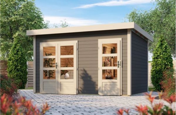 Mittelwandhaus Tintrup - 364x244 cm, 28 mm Holz terragrau, Karibu