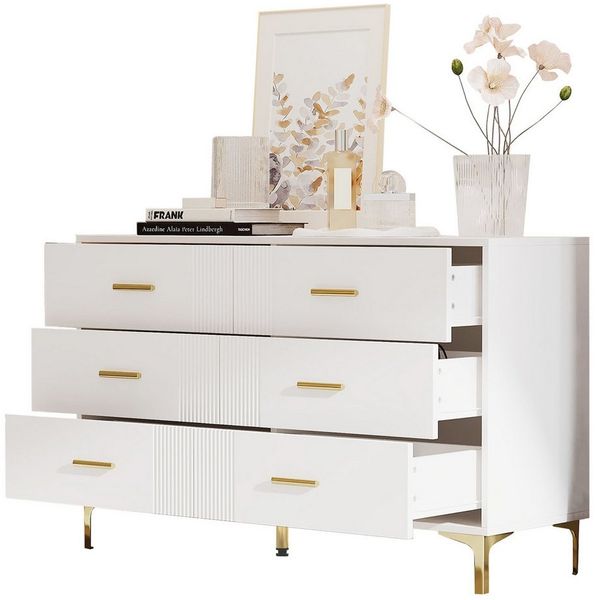 Refined Living Sideboard Kommode mit 6 Schubladen, Aufbewahrungsschrank,Schubladenkommode (Maße: H76/B120/T40 cm, Kommode weiß mit Schubladen, moderne Kommode Schlafzimmer, gerillte Kommode, Ästhetisches Design mit Wellenmuster, Mit glänzenden goldenen...