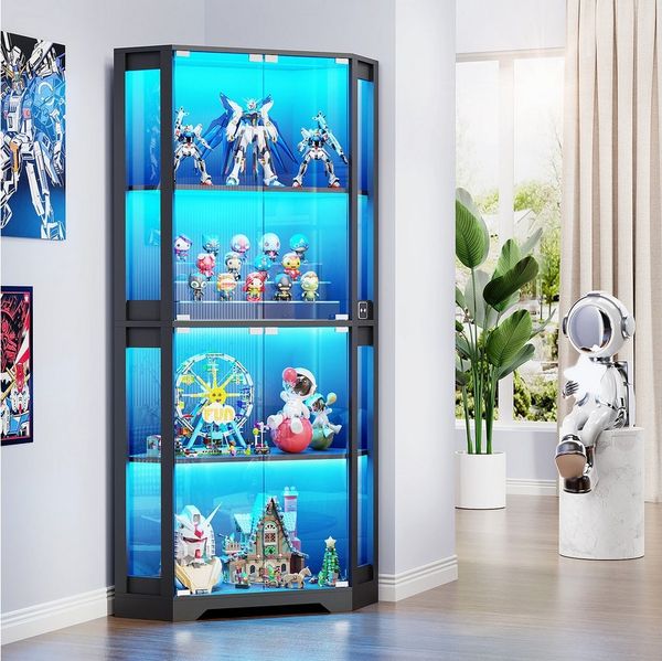 BROTTAR Glasvitrine Curio-Schrank, Eckvitrine, 4 Böden mit LED-Beleuchtung (1-St) mit menschlichem Körpersensor für Spielzeug, Bücher, schwarz