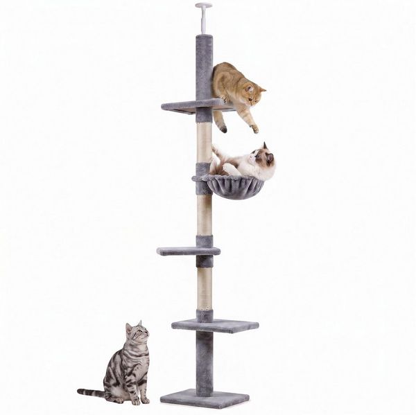 PawHut Kratzbaum Deckenhoch höhenverstellbar, Katzenbaum mit Sisalsäulen, für Garten, Balkon, Grau
