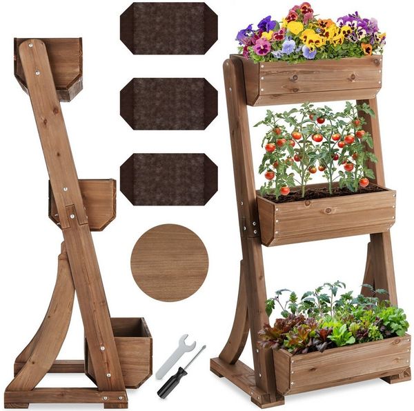 tectake Blumentopf Vertikalbeet Flora, lackiertes Holz, inkl. Pflanzvlies, wetterfest und standsicher