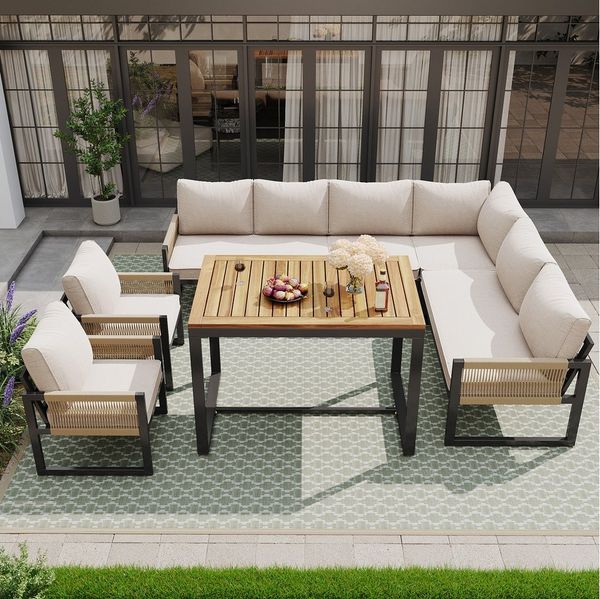 Merax Gartenlounge-Set, (Outdoor Gartensofa Balkonset für 8 Person, 6-tlg, Inkl. Sofas, Sessel, Eckstuhl & Tisch), Sitzgruppe Essgruppe Seil Gartenmöbel-Set Sitzgarnitur mit Eisenrahmen
