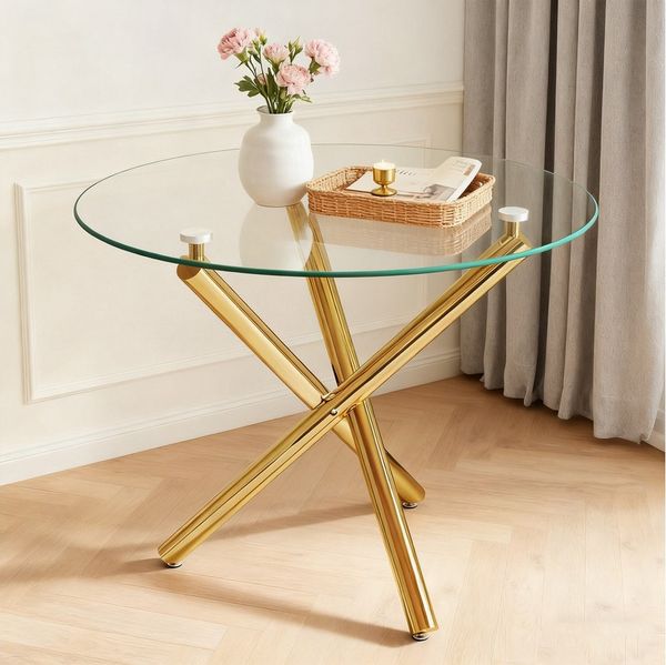 REDOM Esstisch Esszimmertisch im modernen Design (Runder Tisch mit Glasplatte und Metallbeinen, Küchentisch), 80 × 80 × 76 cm